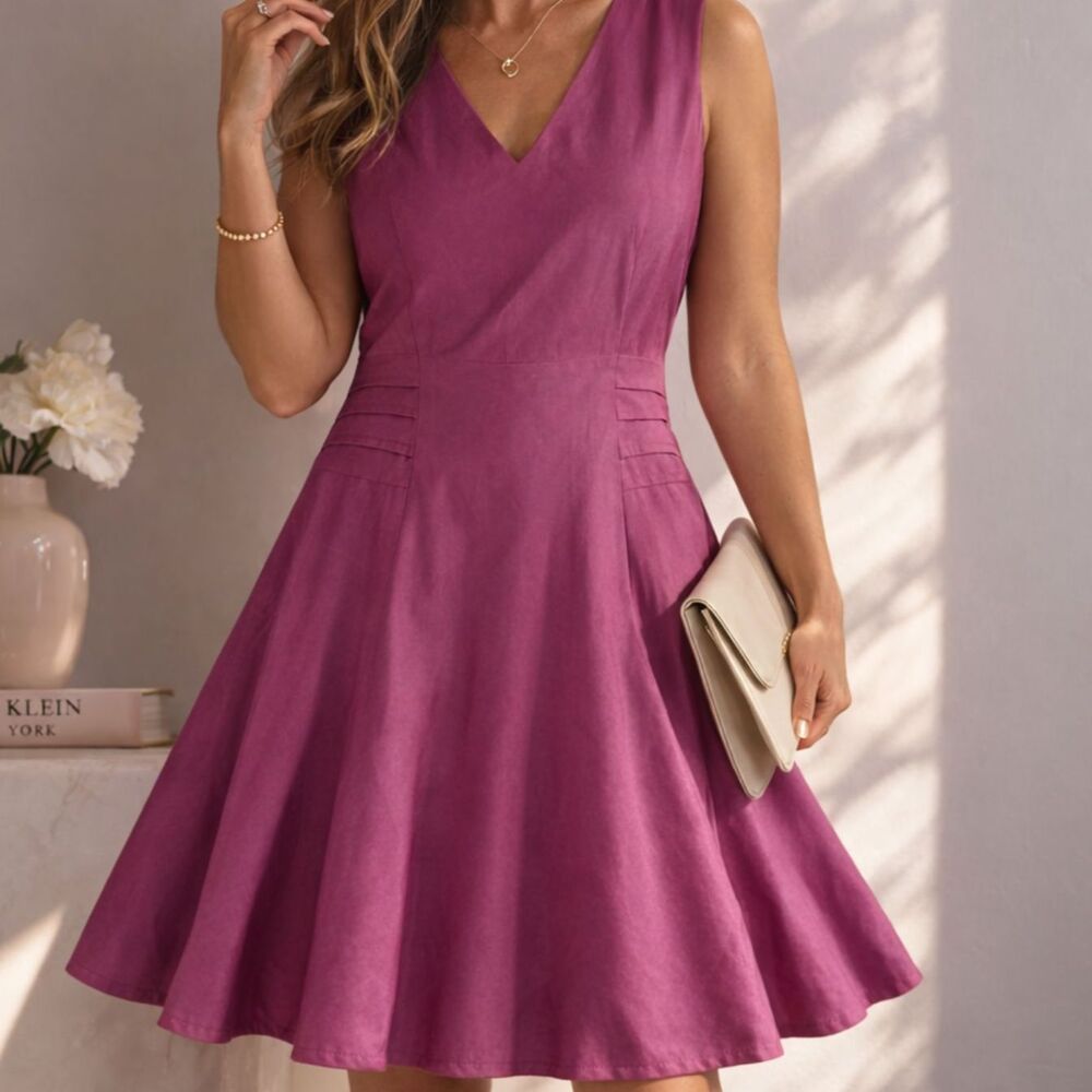 Anne Klein Magenta A-Line V-Neck Mini Dress Size 14